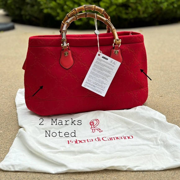 Roberta di Camerino Red Tote with Bamboo Handles Monogram Design - Picture 6 of 16